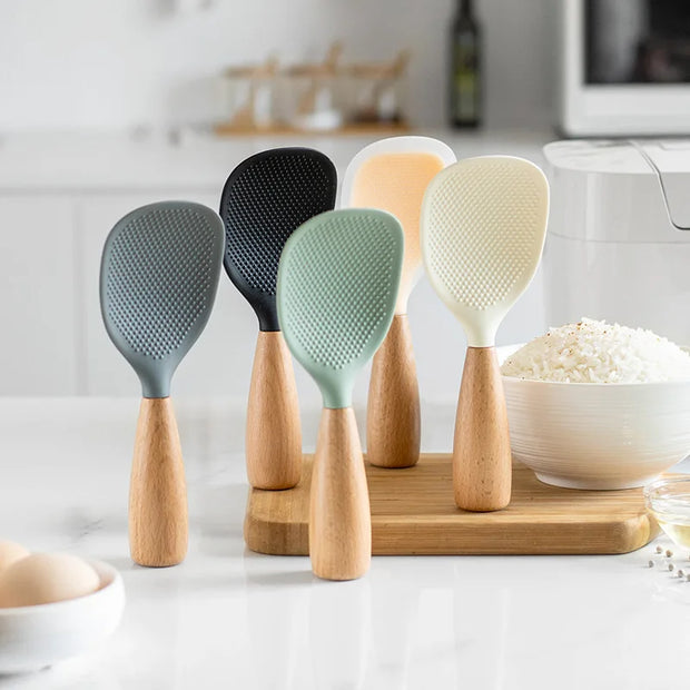 1Pc Silicone Wooden Handle Rice Spoon