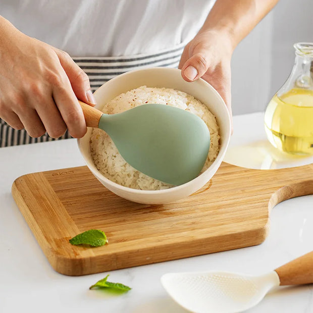 1Pc Silicone Wooden Handle Rice Spoon